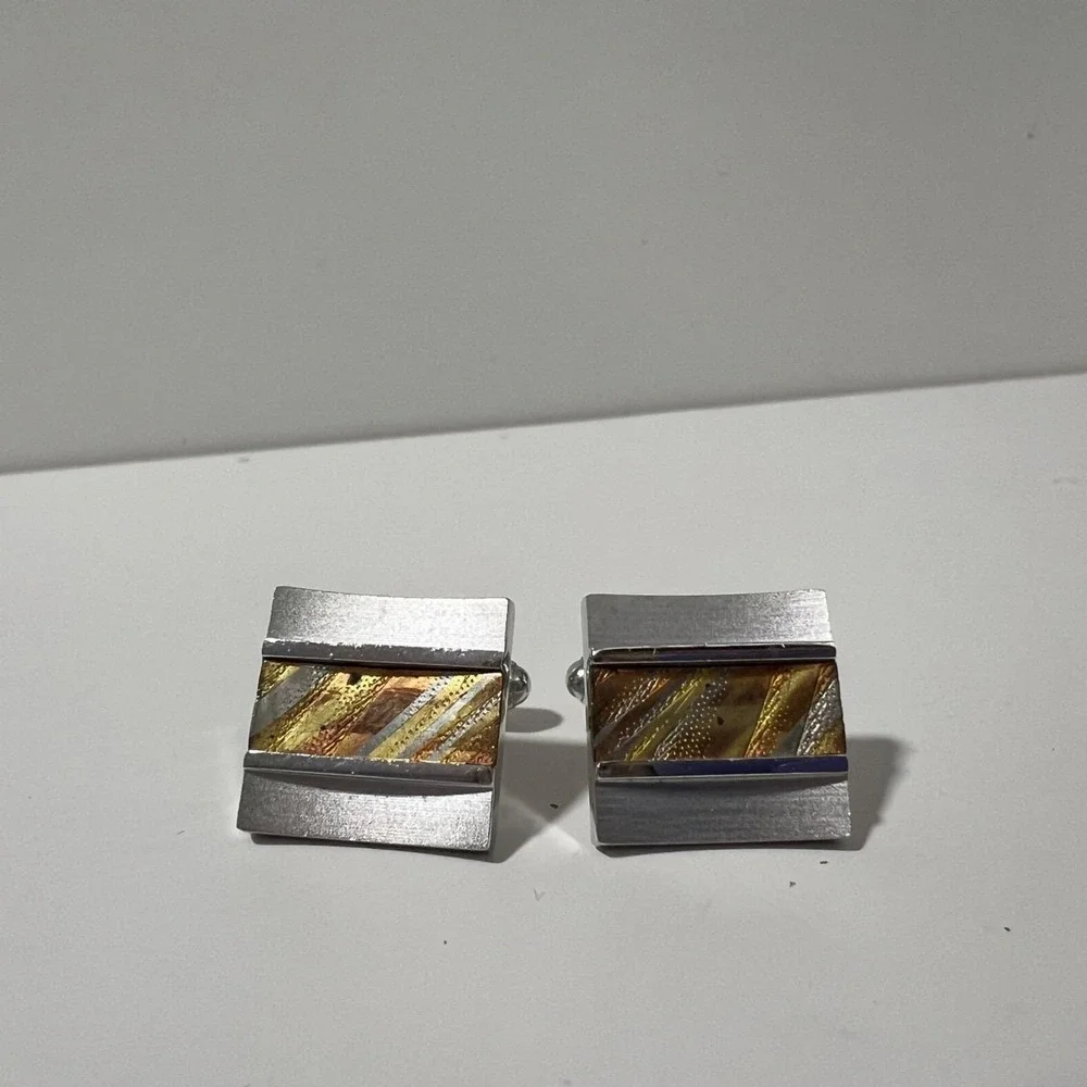 Vintage Anson Silver tone‎ square cufflinks w mixed metal rectangle bullet back